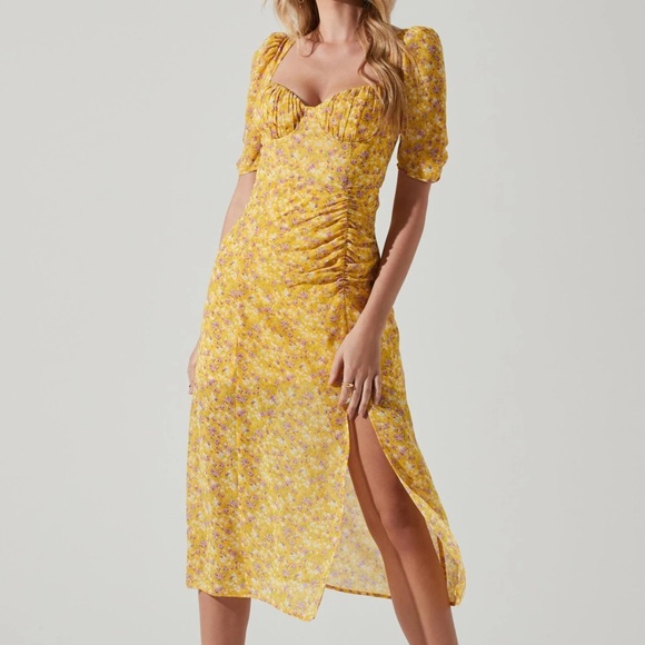 Astr the Label Dresses & Skirts - Astr Yellow Floral Midi Dress with Puff Sleeves